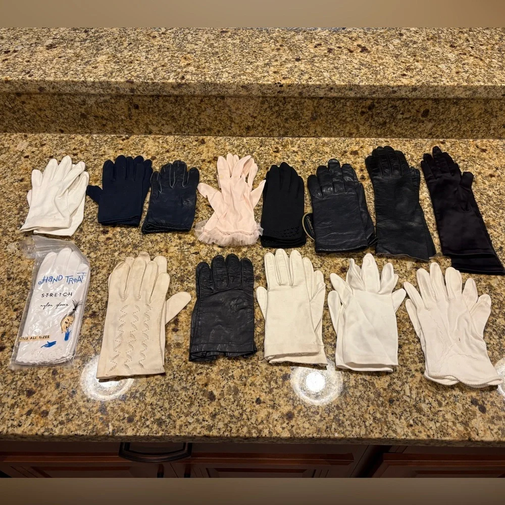 Vintage Ladies Gloves Lot 14 Pair leather fabric pink white black mixed sizes